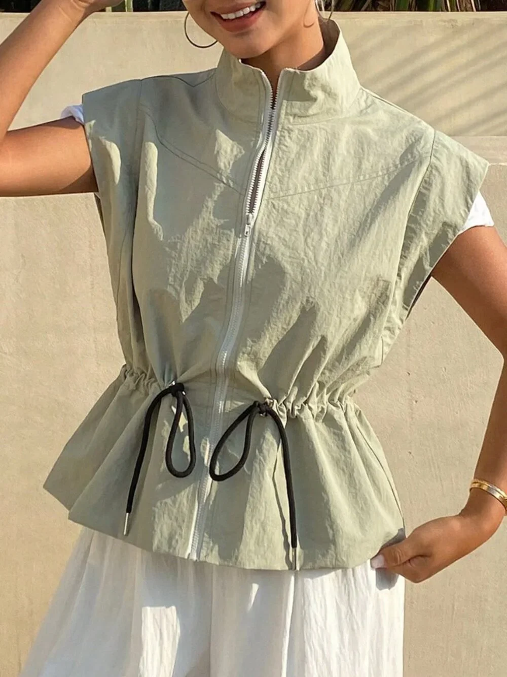 Green Casual Women's Loose Drawstring Waist High Neck Sleeveless Jacket